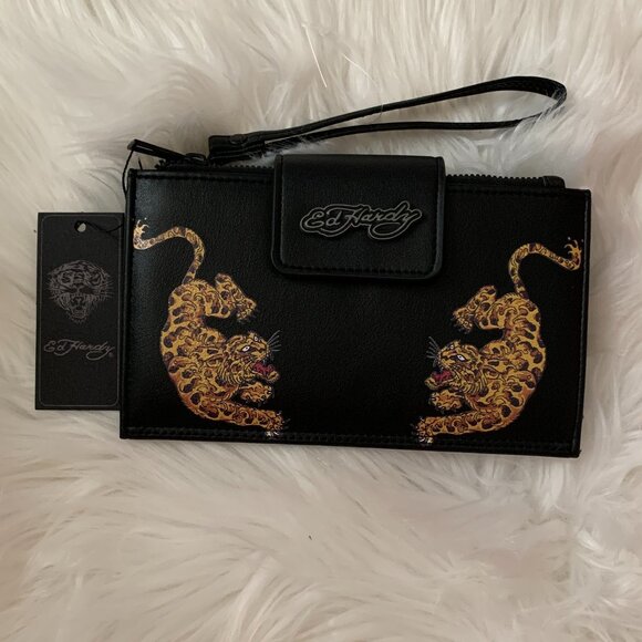 ED HARDY Screaming Tigers Zip Wristlet Wallet in Black - Picture 1 of 4